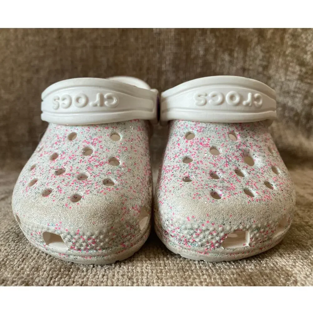 Crocs Kids Classic Glitter Speckle Clogs White Pink C6 Comfort Shoes